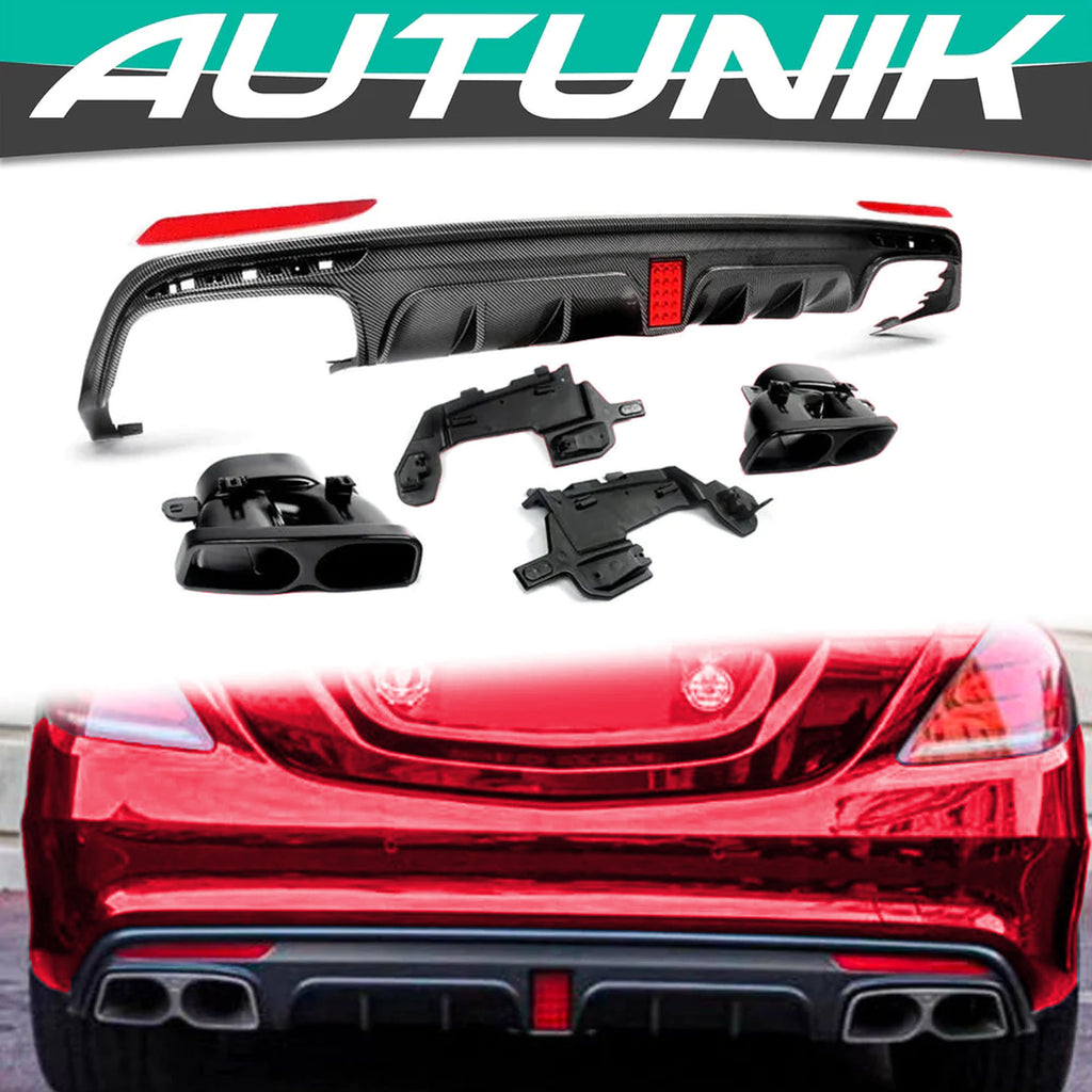 Carbon Look Rear Diffuser w/ Light + Black Exhaust Tips For Mercedes  W222 Sedan AMG Pack 2013-2017