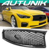 Autunik For 2014-2017 Infiniti Q50 Gloss Black Front Grill Mesh Grille Bumper Radiator - No Parking Sensors