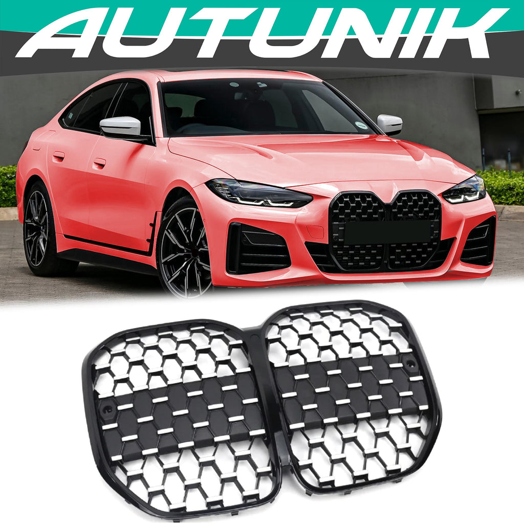 Autunik For 2021-2023 BMW 4-Series G22 G23 Black/Chrome Diamond Front Kidney Grille Grill