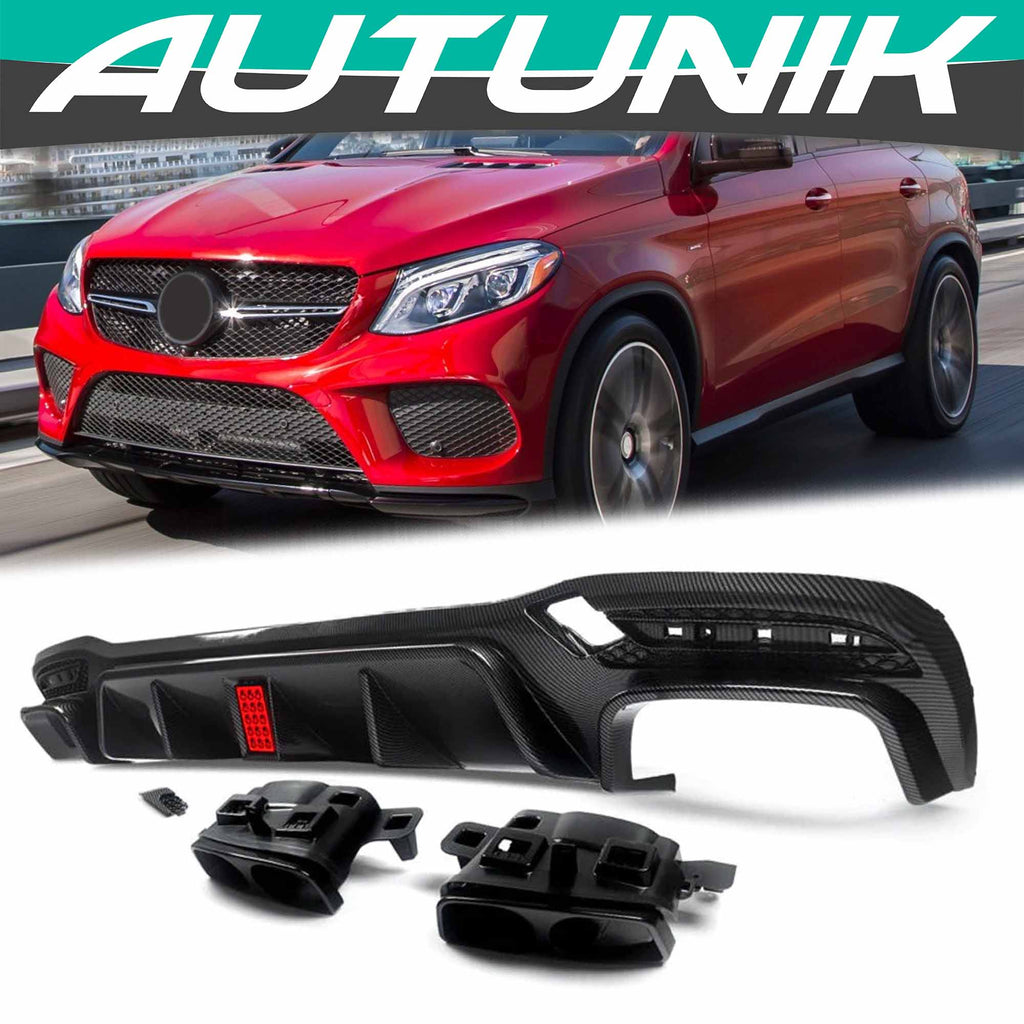 Carbon Look Rear Diffuser w/ Light + Black Exhaust Tips for Mercedes GLE W166 X166 GLE43 AMG Pack 15-18