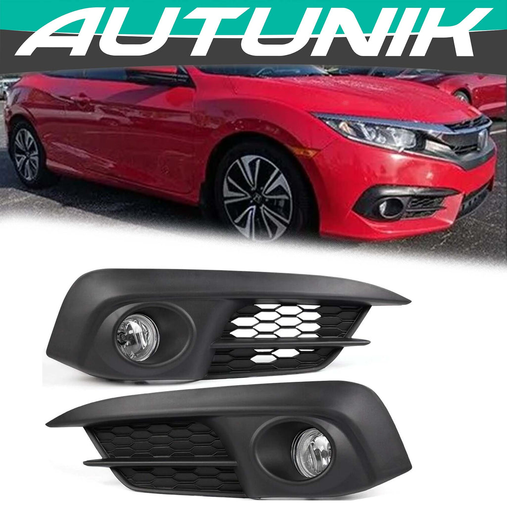 Autunik  Front Bumper Fog Lights Clear Lamps w/ Switch For Honda Civic 2016 2017