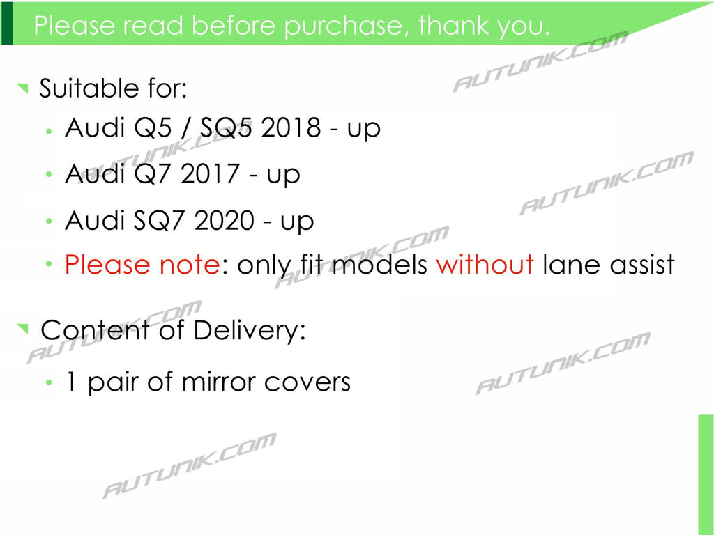 Autunik Matt Chrome Rearview Mirror Cover Caps Replacement for Audi Q5 SQ5 Q7 SQ7 2017-2022 W/O lane assist mc11