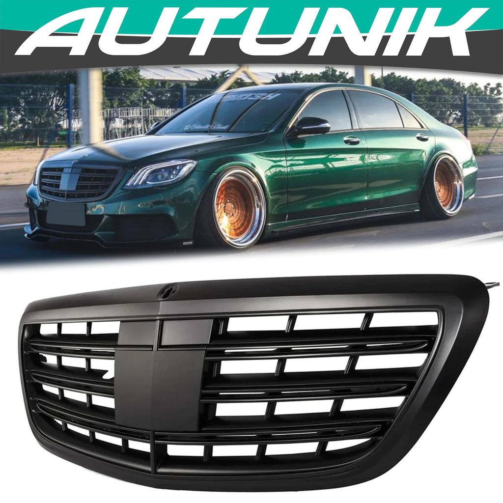 Autunik For 2014-2020 Mercedes S-Class W222 Sedan Matte Black Front Grille Bumper Grill w/ Night Vision Cutout