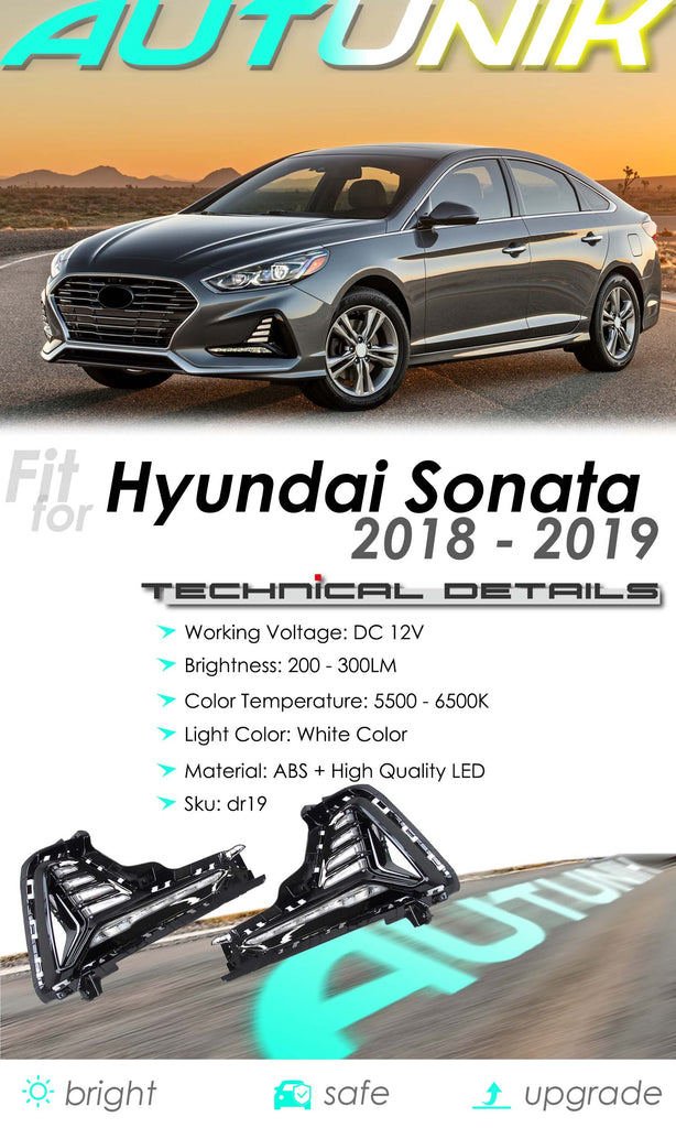 Autunik LED Daytime Running Lights Fog Lamps w/ Bezels For 2018-2019 Hyundai Sonata dr19