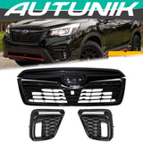 Autunik Glossy Black Front Upper Grille Grille & DRL Turn Signal Fog Lights for Subaru Forester 2019-2021
