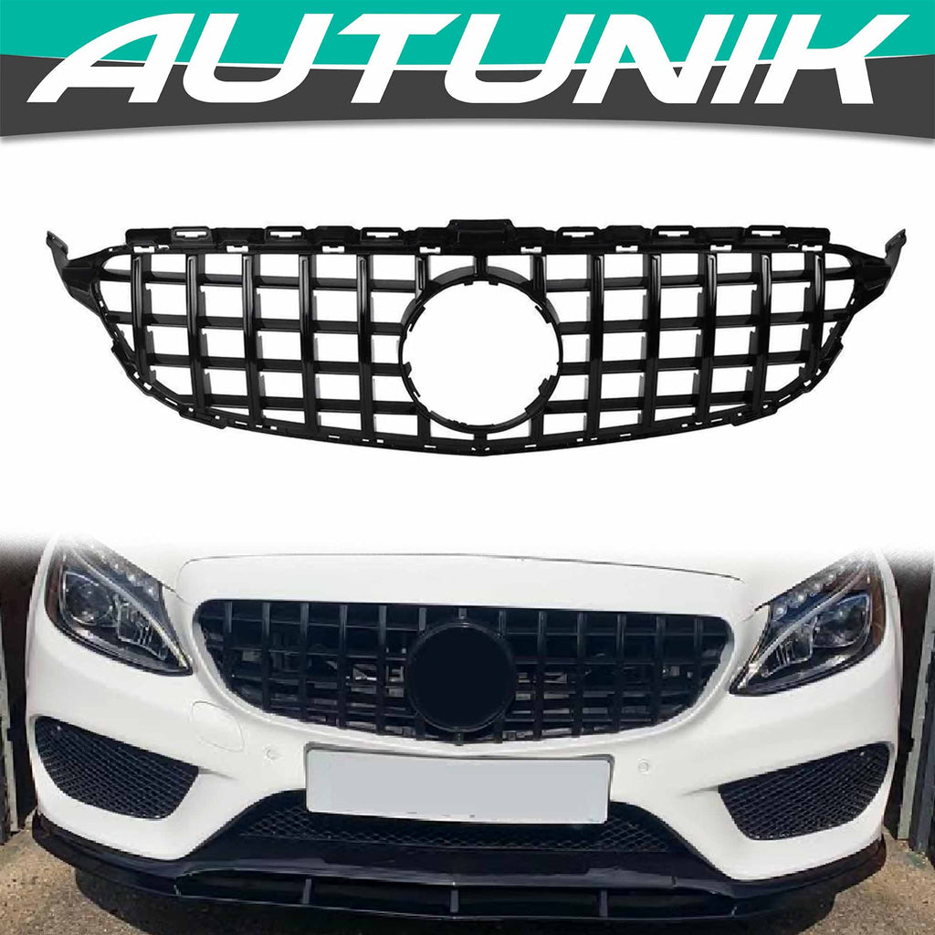 Autunik For 2015-2018 Mercedes W205 C43 AMG Gloss Black GT Grille Front Hood Grill w/ Camera