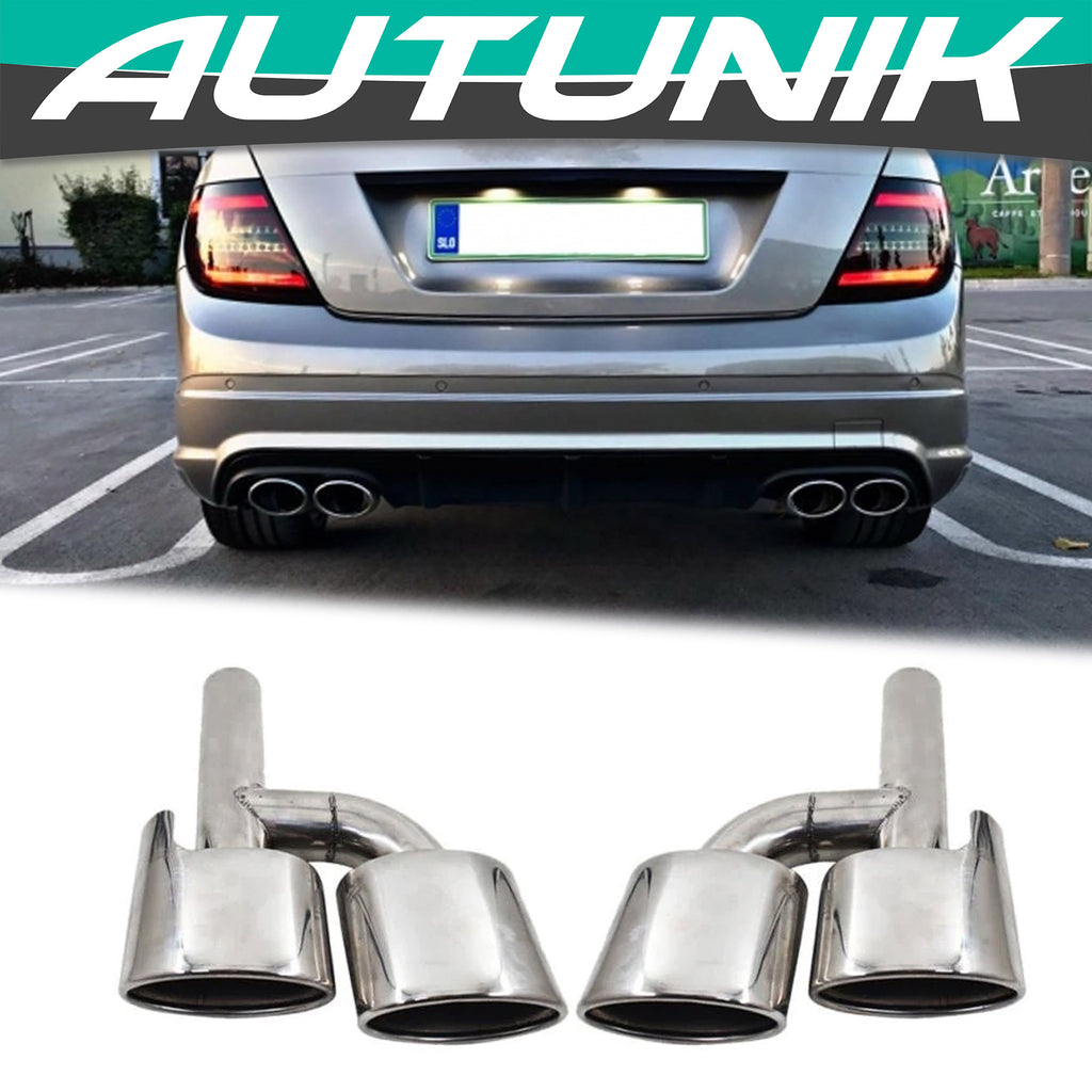 Autunik Pair Silver Exhaust Tips Muffler Pipe For Mercedes-Benz C-Class W204 C300 C350 C63 AMG Sport Bumper