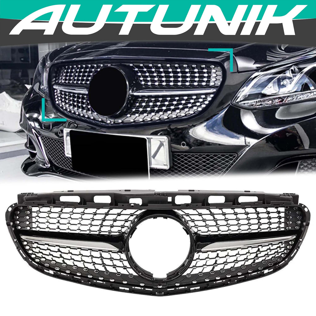 Autunik For 2014-2016 Mercedes W212 Sedan Diamond Front Grille Grill Black/Chrome