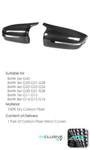 Cargar imagen en el visor de la galería, 100% Dry Carbon Fiber Mirror Cover Caps Replace for BMW G20 G22 G26 G30 G11 G12 G14 G15 G16 LHD mc152