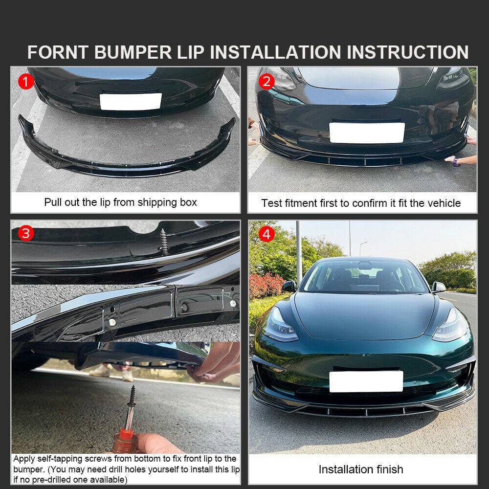 Autunik Front Bumper Lip Spoiler Splitter 4PC Matte Black Fits Tesla Model 3 2017-2022