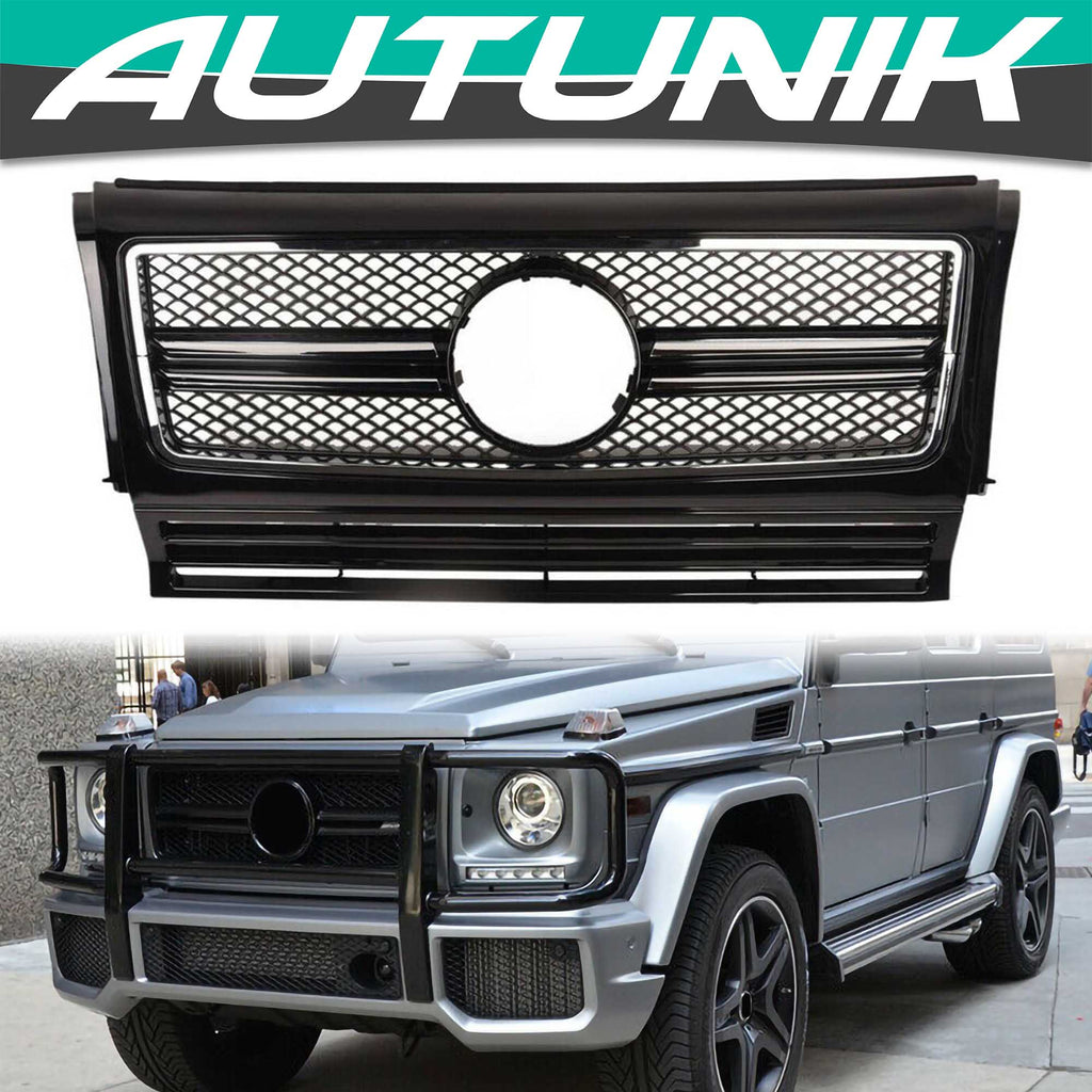 Autunik Honeycomb Front Bumper Grille Grill Black & Chrome Fits 1990-2018 Mercedes Benz W463 G-CLASS