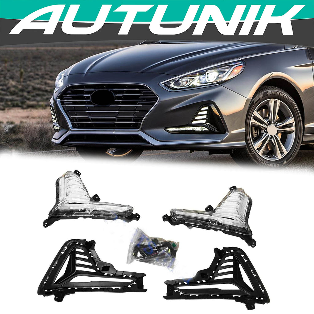 Autunik LED Fog Lights DRL Day Time Running Lamps Cover Bezels For 2018 2019 Hyundai Sonata