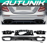 E63 Style Carbon Look Rear Diffuser + Black Exhaust Tips for Mercedes W213 Sedan AMG Pack 2016-2020