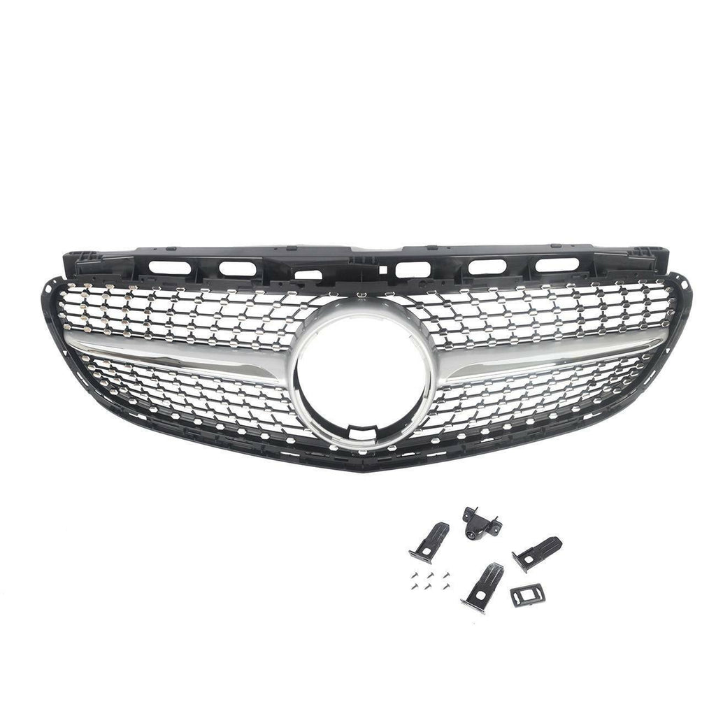 Autunik For 2014-2016 Mercedes W212 Sedan Silver Diamond Front Hood Grille Grill w/o Front Camera
