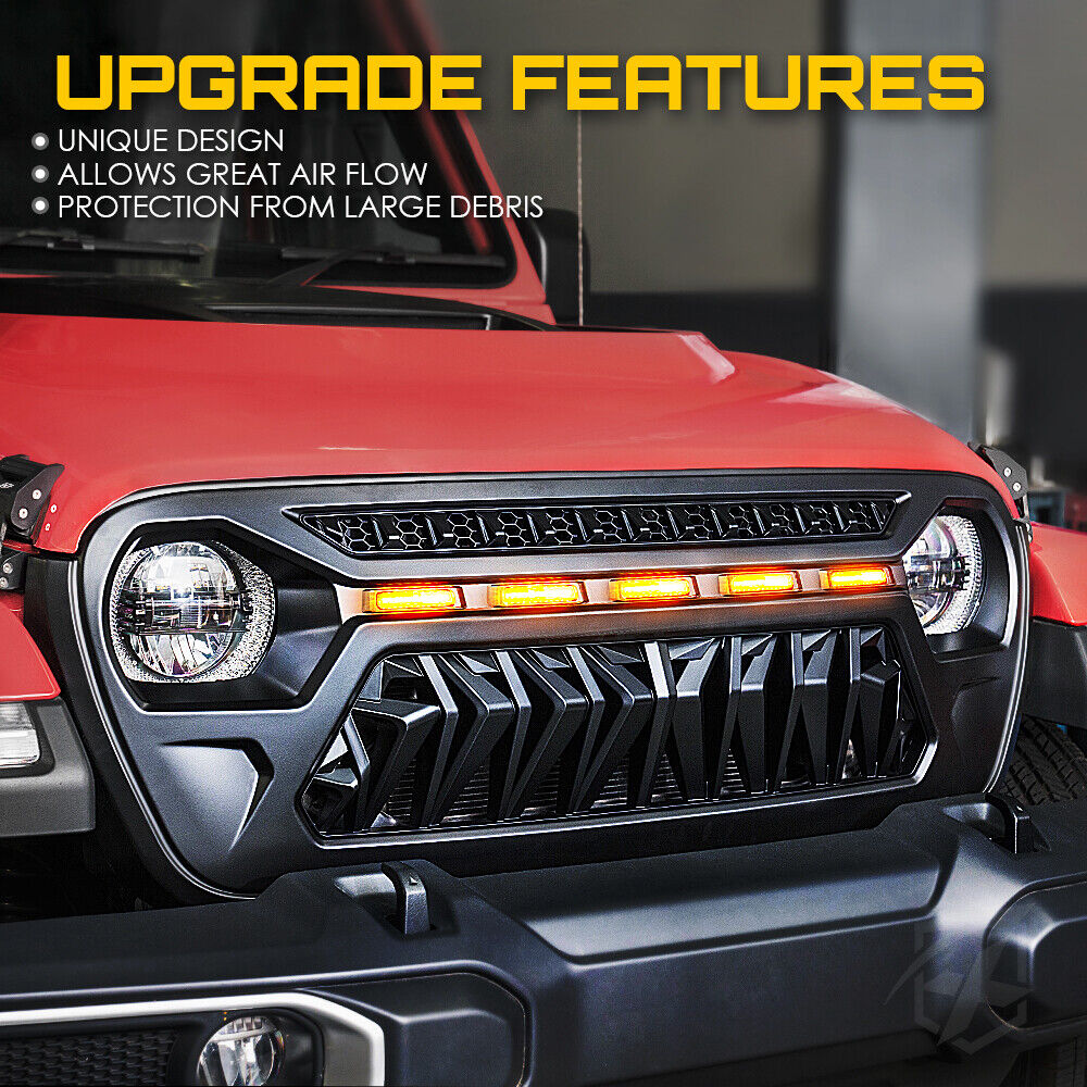 Autunik Front Bumper Grill Grille w/ Lights for Jeep Wrangler JL Gladiator JT 2019-2023