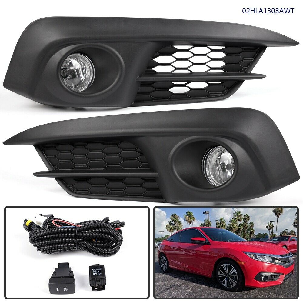 Autunik  Front Bumper Fog Lights Clear Lamps w/ Switch For Honda Civic 2016 2017