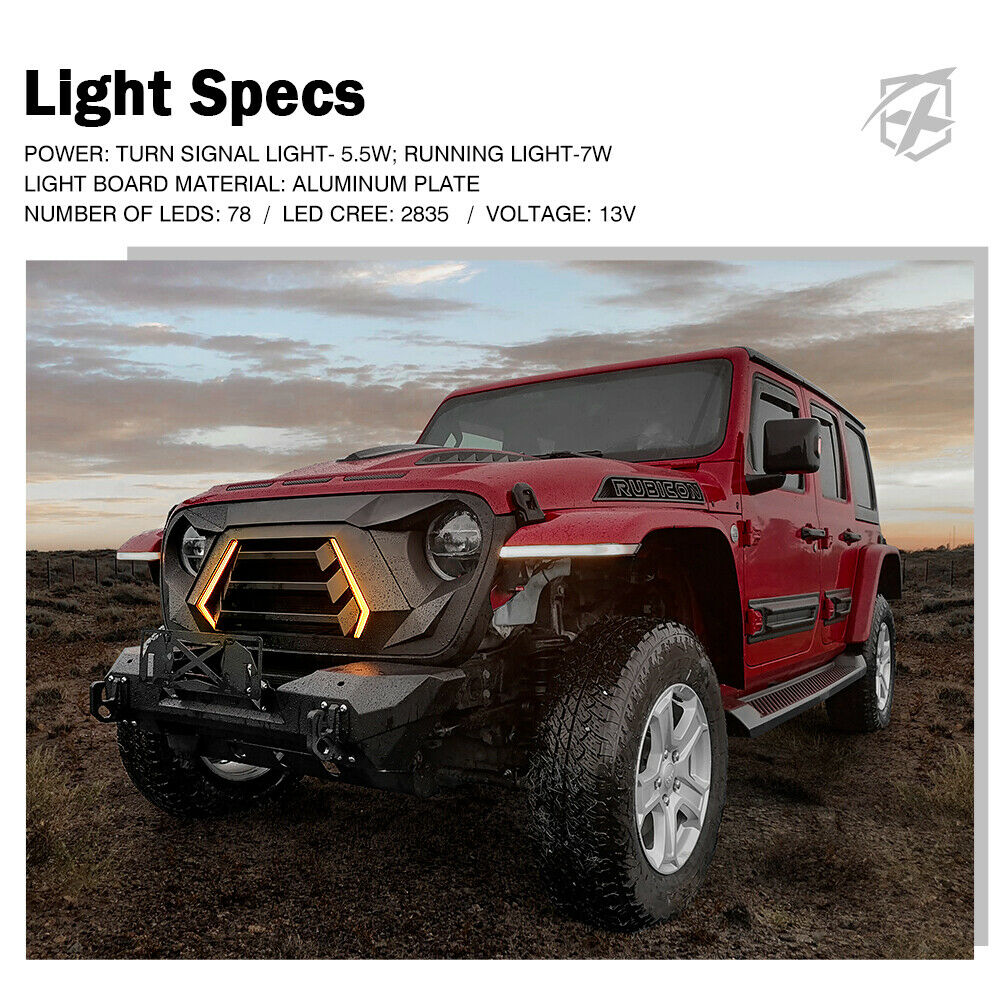 Autunik Matte Black Front Grill Grille LED Lights for Jeep Wrangler JL JT 2019-2023