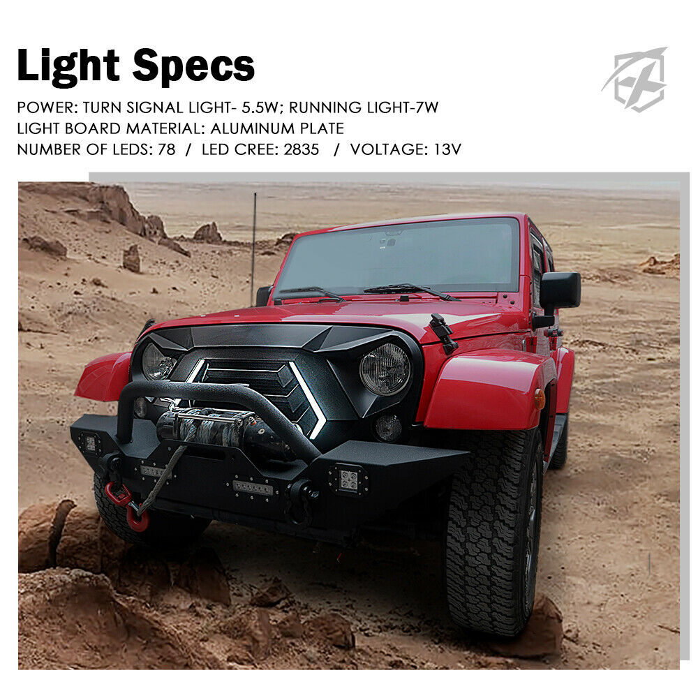Autunik Front Bumper Grille Grill w/ LED Light for Jeep Wrangler JK 2007-2018