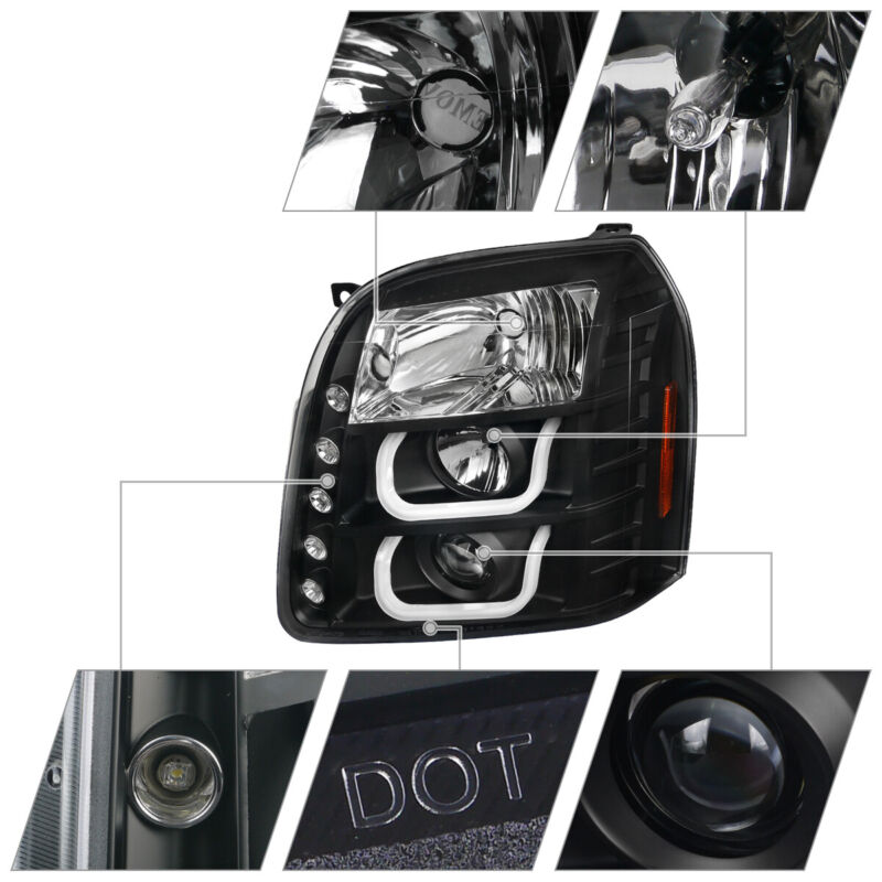 Black Headlights Projector for 2007-2014 GMC Yukon XL 1500 2500 Denali LED Halo