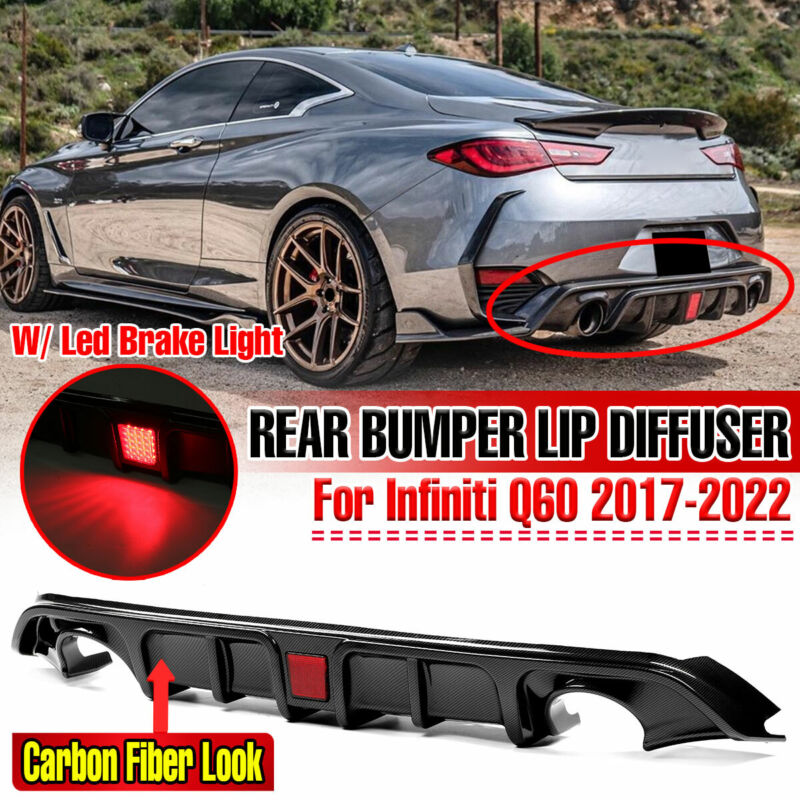 Autunik Carbon Fiber Look Rear Diffuser w/ LED Light fits Infiniti Q60 2017-2022 (NOT REAL CARBON)