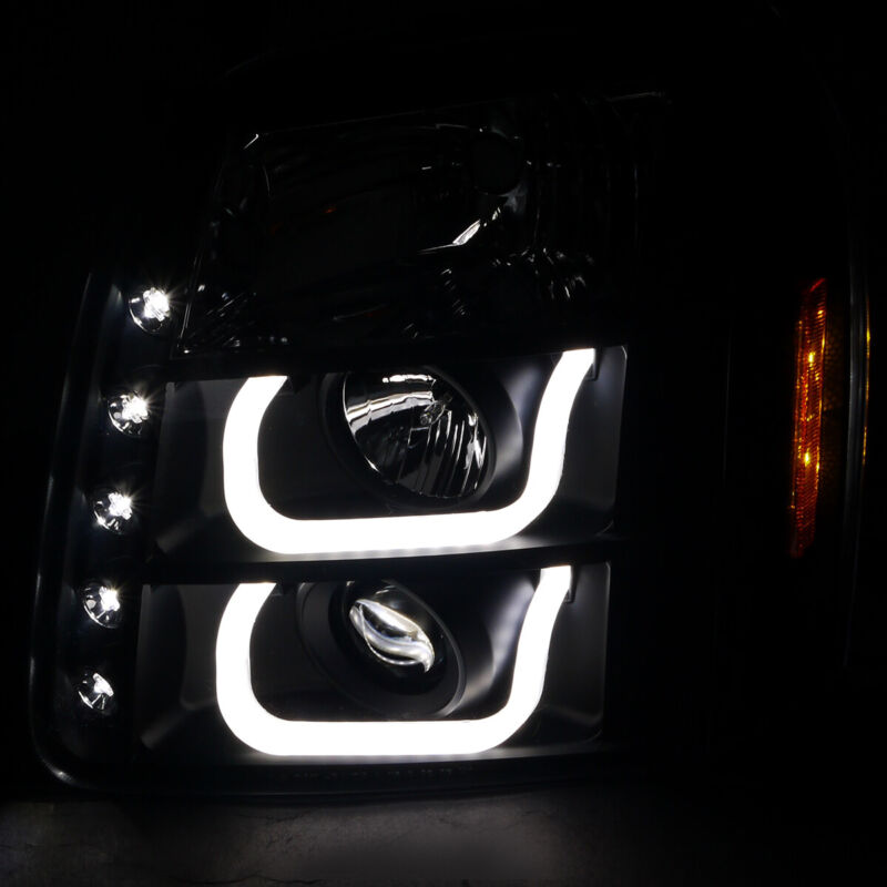 Black Headlights Projector for 2007-2014 GMC Yukon XL 1500 2500 Denali LED Halo