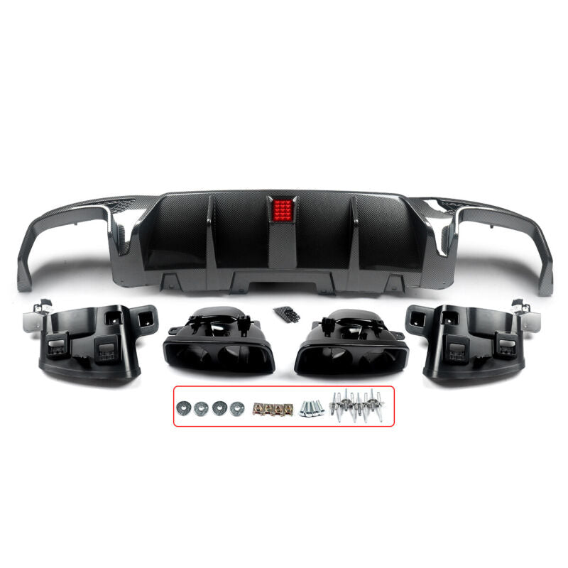 Carbon Look Rear Diffuser w/ Light + Black Exhaust Tips for Mercedes GLE W166 X166 GLE43 AMG Pack 15-18